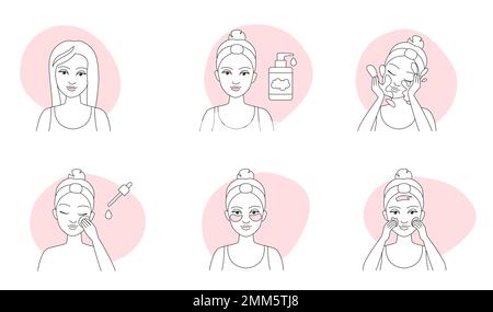 Anleitung zum Entfernen von Make-up dünne Linien Symbole Vektordarstellung festlegen. Outline Mädchen entfernen Schönheitsprodukte von der Gesichtshaut, verwenden Gesichtstücher und Wattepads, Reinigungsmittel und Wasser, um die Haut zu reinigen und zu pflegen Stock Vektor