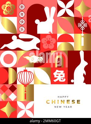 Chinesisches Neujahr des Kaninchens 2023 Grußkarte Illustration eines roten geometrischen Mosaiks mit Hasentier. Moderner flacher Stil mit asiatischen Elementen. Rz Stock Vektor