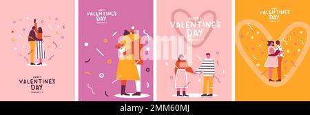 Vielfältige Kollektion für Valentinstag-Paare, pinkfarbene Liebhaber in modernem flachem Stil. Männer und Frauen, die sich umarmen, Händchen halten, Selfie aufnehmen Stock Vektor