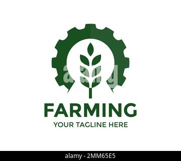 Landwirtschaft. Landwirtschaftssymbol mit Weizenohren auf einem industriellen Getriebe oder Zahnrad. Landwirtschaftstechnik, Weizen mit Getriebe, Vektor für die Lebensmittelproduktion Stock Vektor