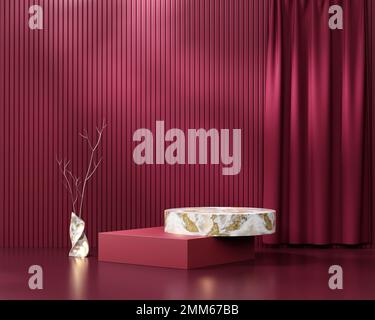 Abstrakte Stille Eleganz Red Podium Plattform Produktpräsentation mit Vorhang 3D-Rendering Stockfoto