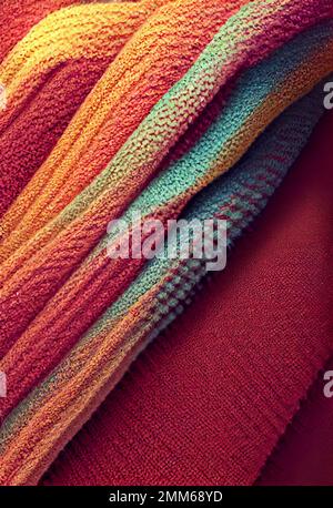 Nahaufnahme aus mehrfarbigem Wollgestrickmaterial auf gefaltetem, strukturiertem Hintergrund Stockfoto