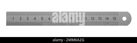 Realistisches metrisches Edelstahllineal mit cm-Skala. Detailliertes grafisches Designelement. Bürobedarf, Schulpapier. Isoliert auf weißem Hintergrund. Stock Vektor