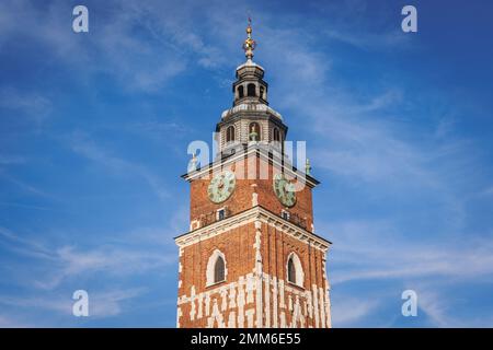 Rathausturm auf dem Hauptplatz in der Altstadt von Krakau, Woiwodschaft Kleinpolen von Polen Stockfoto