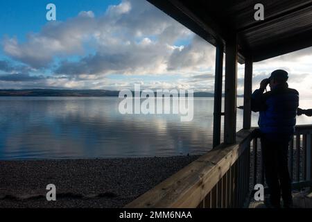 Person in warmer Kleidung, die die Tierwelt auf Loch Fyne von einer Lochside Ferienhütte in der Nähe von Ardrishaig im Winter, Argyll, Schottland, Großbritannien, beobachtet Stockfoto