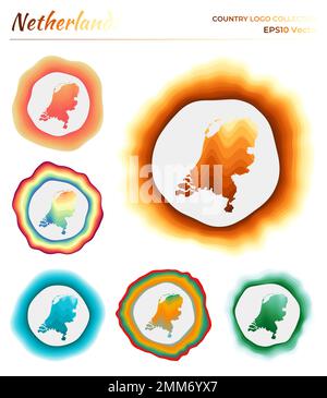 Niederländische Logo-Kollektion. Farbenfrohes Abzeichen des Landes. Schichtweise um die niederländische Rahmenform. Vektordarstellung. Stock Vektor