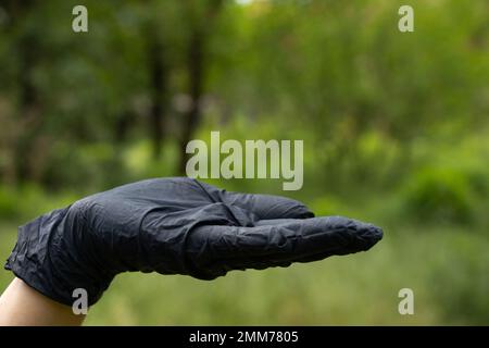 Hand in medizinische Handschuhe auf einem verschwommenen Hintergrund auf der Straße Stockfoto