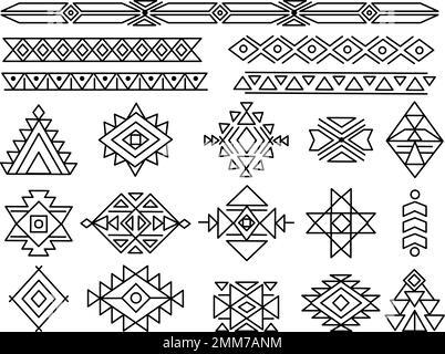 Azteken-Stamm-Boho-Ornamente. Navajo mexiko geometrische Tätowierung, ethnische maya-Symbole. Isoliertes afrikanisches Motiv, peruanische anständige Vektorelemente Stock Vektor