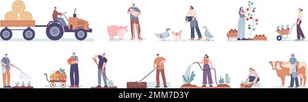 Cartoon-Bauern, die Tiere Pflanzen und pflegen. Landbauer, Gärtner und Landwirtschaftler. Auf dem Land, in der Erntesaison kickiger Vektor-Clipart Stock Vektor