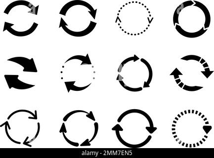 Die schwarzen Symbole für die Pfeile zum erneuten Laden. Kreisförmige Pfeile, isolierte Schleifen oder runde Drehschilder. Umwelt und Recycling, Wiederholung und Aktualisierung des Piktogramms in Ordnung Stock Vektor