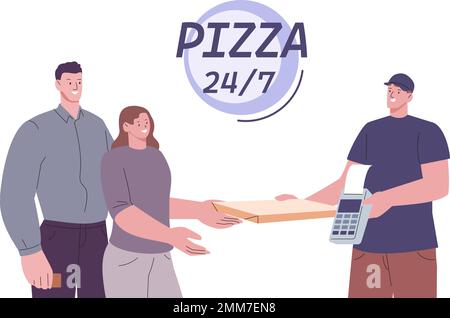 Pizza-Lieferung rund um die Uhr. Leckeres Fast Food für junge glückliche Paare, online oder mit Kreditkarte. Vector Kurier und Kunden, Café, Restaurant-Pizzeria Stock Vektor