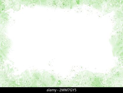 Handgezeichneter Rahmen in Aquarellfarben mit grünem Hintergrund und Mandala. Ein Teil der großen Holi-Illustrationen Stockfoto