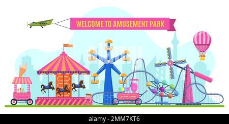 Vergnügungspark mit Achterbahn, Riesenrad, Karussell. Outdoor-Karussells für Unterhaltung Stock Vektor