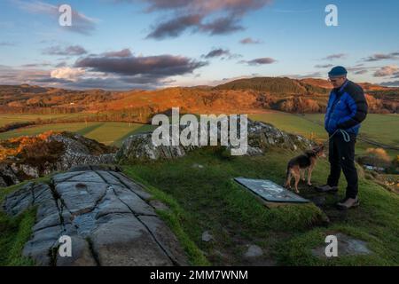 Eine Person, die historische Informationen in der Nähe des Gipfels der Berghütte Dunadd liest, mit einer uralten Steinschnitzerei im Felsen, in der Nähe von Lochgilphead, Stockfoto