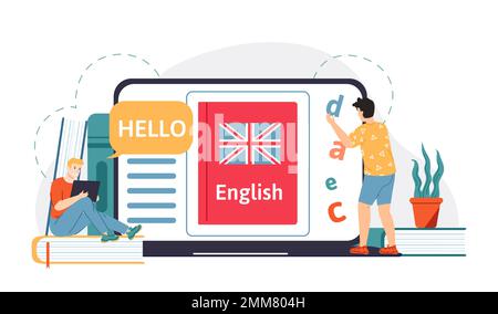 Online-Bildung, Heimunterricht. Männliche Schüler lernen aus der Ferne Englisch. Digitales Klassenzimmer Stock Vektor