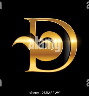 Eine Vektordarstellung des Anfangsbuchstabens D des Golden Monogram Logos auf schwarzem Hintergrund mit goldenem Glanzeffekt Stock Vektor