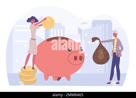 Menschen Geld sparen, Erfolg finanzielle Investition Konzept. Eine Cartoon-Frau, die Münzen in ein Sparschwein steckt Stock Vektor