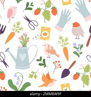 Frühlingsvektormuster mit flachen Vögeln und Gartengeräten. Gemüse, Samen und Beeren. Blumenstrauß in der Gießkanne, Rattenvektor Stock Vektor