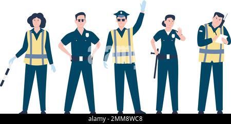 Gruppe der Polizeibeamten, weibliche und männliche Sicherheitskräfte. Polizistenfiguren, Polizist oder Wächter. Cartoon-Bodyguards-Team in Uniform, aktuelle Vektorszene Stock Vektor