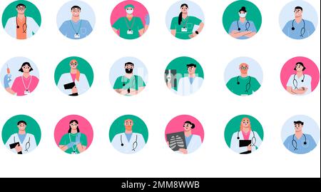 Arzt, Fachärzte Avatarsammlung. Teamärzte Porträts. Isoliertes medizinisches Klinikteam, sapide Stabikonen Stock Vektor