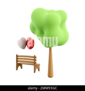 3D Symbol zwei liebevolle Herzen auf einer Bank neben einem Baum. 3D Rendern Sie das Valentinstag-Symbol. Zwei liebevolle Herzen auf einer Bank neben einem Baum. Stockfoto