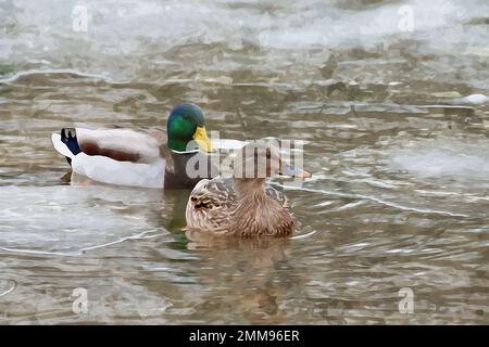 Digital erstelltes Aquarellgemälde eines Paares wilder Stockenten Anas platyrhynchos, die in einem gefrorenen Fluss schwimmen Stockfoto