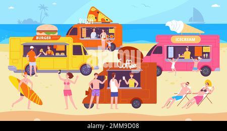 Beach-Van-Festival. Touristen Food Truck Anhänger Kaffeekiosk, tropischer Straßenfahrzeug Marktplatz american Camping Car Caravan Restaurant Vector Illustration von Kaffee Sommer, Eis und Burger Stock Vektor