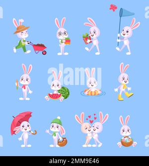 Cartoon-Kaninchenpositionen. Kreative Hasen-Pose, verrückte Hasen-Sammlung ostern-Schneekaninchen Comic Lächeln Feen-Hase Orangenkarotten Frühlingscharaktere Vektor-Illustration eines Zeichentrickkaninchens Stock Vektor