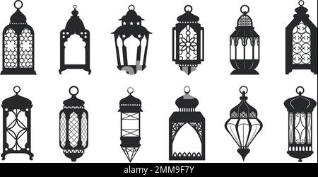 Schwarze ramadan-Laternen. Fanous-Laterne, arabische Lampen Silhouetten Vintage ägyptische marokkanische dubai Ost-Lampe für islamische Moschee oder arabische Beleuchtung, Vektordarstellung der Laterne zum ramadan Stock Vektor