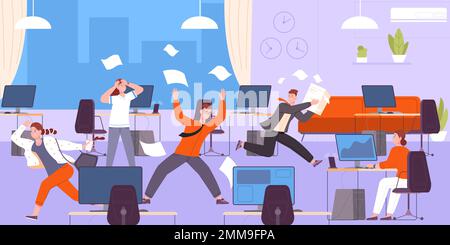 Bürochaos. Stressarbeitsbereich im Unternehmen zusammenbrechen, Arbeiter beeilen sich mit Papierpanik in der Arbeitsumgebung, Konfliktboss und beschäftigte, müde Mitarbeiter, Vektordarstellung von Arbeitsplatzpanik, Terminkalender voll Stock Vektor