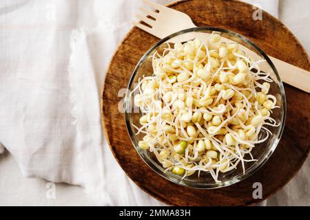 Schüssel mit frischen Mungbohnensprossen. Gesundes Essen. Stockfoto