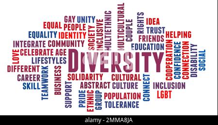 Diversity Word Cloud Konzept auf weißem Hintergrund. Stockfoto