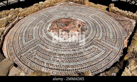 Das wunderschöne, perfekt erhaltene römische Mosaik, das im Haus von Dionysos im archäologischen Park Paphos auf der Insel Zypern gefunden wurde Stockfoto