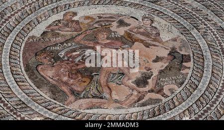 Das wunderschöne, perfekt erhaltene römische Mosaik, das im Haus von Dionysos im archäologischen Park Paphos auf der Insel Zypern gefunden wurde Stockfoto