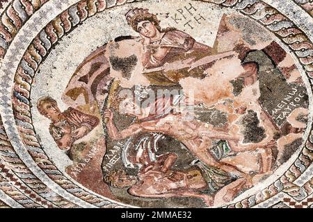 Das wunderschöne, perfekt erhaltene römische Mosaik, das im Haus von Dionysos im archäologischen Park Paphos auf der Insel Zypern gefunden wurde Stockfoto