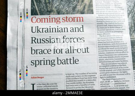 "Ukrainische und russische Streitkräfte bereiten sich auf den Kampf im Frühling vor." Guardian-Zeitung Russland Ukraine Krieg Artikel Clipping 27. Januar 2023 London UK Stockfoto