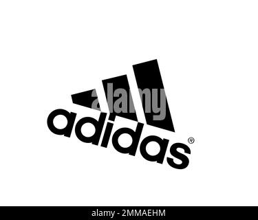 Adidas, gedreht, weißer Hintergrund, Logo, Markenname Stockfoto