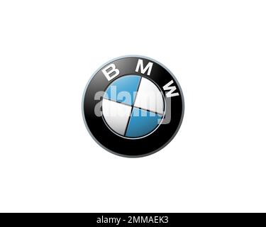 BMW, gedreht, weißer Hintergrund, Logo, Markenname Stockfoto