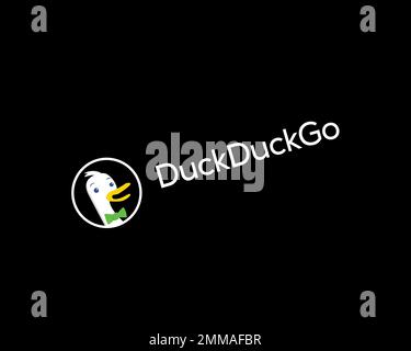 DuckDuckGo, gedreht, schwarzer Hintergrund, Logo, Markenname Stockfoto