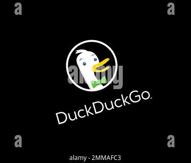 DuckDuckGo White, gedreht, schwarzer Hintergrund, Logo, Markenname Stockfoto