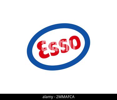 Esso, gedreht, weißer Hintergrund, Logo, Markenname Stockfoto