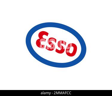 Esso, gedrehtes Logo mit weißem Hintergrund, Markenname Stockfoto