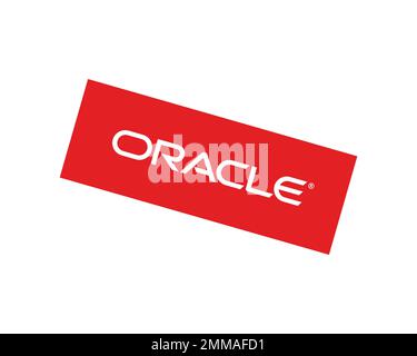 Oracle Corporation, rotiert, weißer Hintergrund, Logo, Markenname Stockfoto