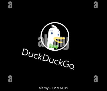 DuckDuckGo White, gedreht, schwarzer Hintergrund, Logo, Markenname Stockfoto