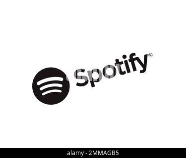 Spotify Black, Gedreht, Weißer Hintergrund, Logo, Markenname Stockfoto