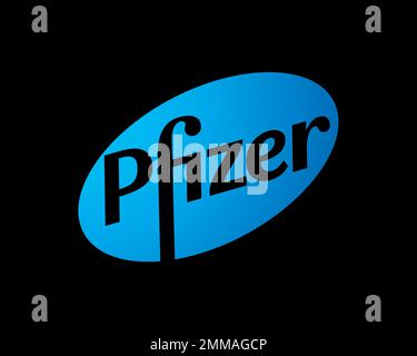 Pfizer, gedreht, schwarzer Hintergrund, Logo, Markenname Stockfoto