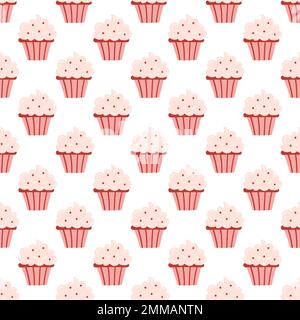 Nahtloses Muster mit köstlichen Cupcakes im Cartoon-Stil. Vektorhintergrund mit Süßigkeiten, Dessert, Gebäck auf weißem Hintergrund. Stock Vektor