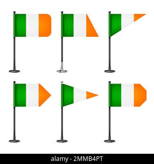 Realistische irische Tischfahnen auf einer schwarzen Stahlstange. Ein Souvenir aus Irland. Schreibtischfahne aus Papier oder Stoff, glänzender Metallständer. Modell für Stock Vektor