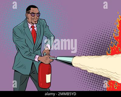 Ein Geschäftsmann mit einem Feuerlöscher bereitet sich darauf vor, ein Feuer zu löschen. Extrem gefährlicher Vorfall. Brandbekämpfung Stock Vektor
