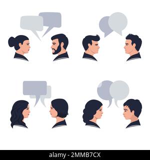 Sprechende Menschen. Paarkonversation, dialogblasen und Chat-Avatare Profilporträts sprechen zusammen Stock Vektor